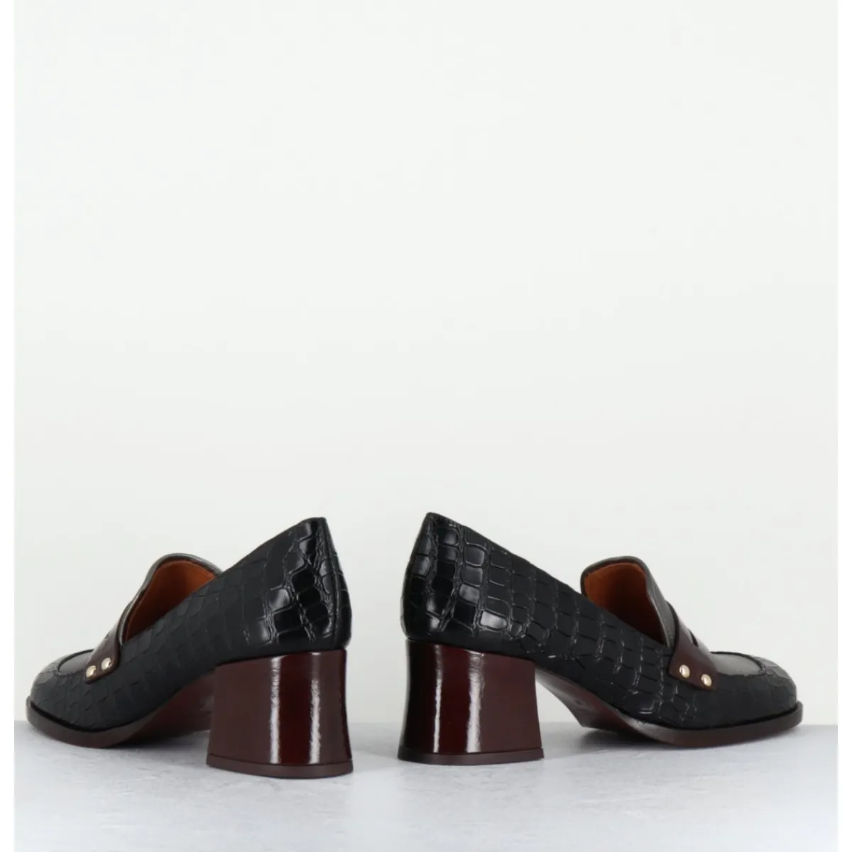 Outlet CHIE MIHARA Mocassins petit talon cuir imprimé croco noir - TADEO MONDA NEGRO