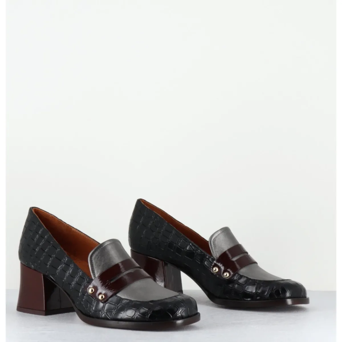 Outlet CHIE MIHARA Mocassins petit talon cuir imprimé croco noir - TADEO MONDA NEGRO