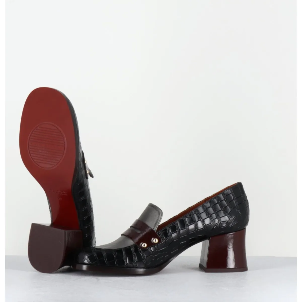 Outlet CHIE MIHARA Mocassins petit talon cuir imprimé croco noir - TADEO MONDA NEGRO