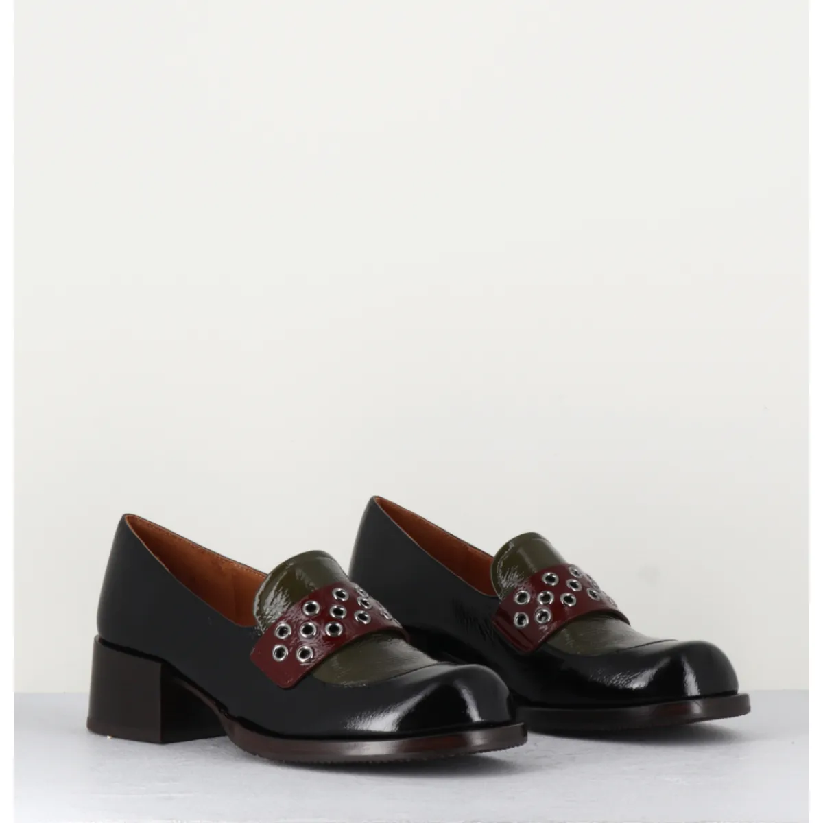 Discount CHIE MIHARA Mocassins petit talon cuir noir/marron/vert - TOBEN NEGRO HUNT