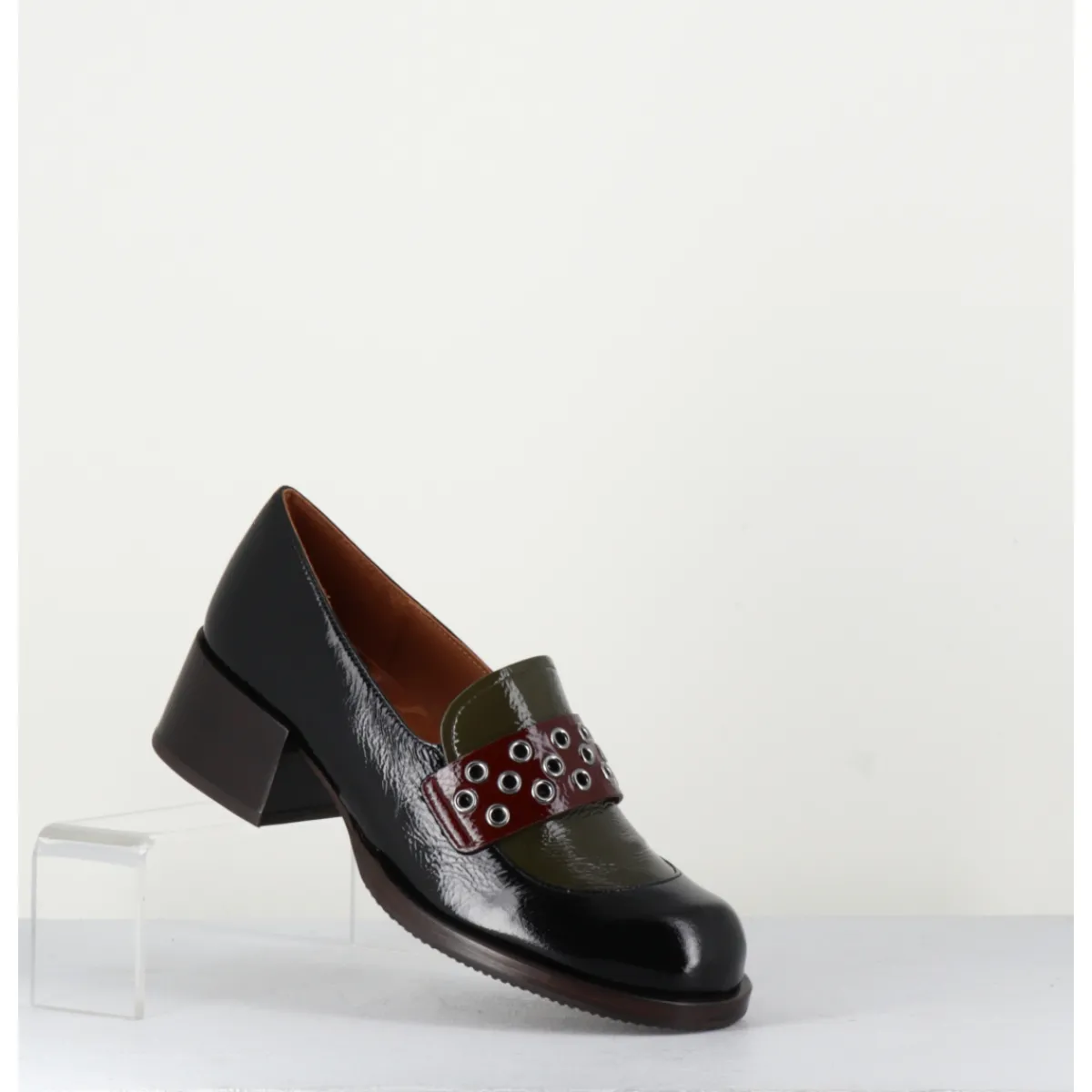 Discount CHIE MIHARA Mocassins petit talon cuir noir/marron/vert - TOBEN NEGRO HUNT