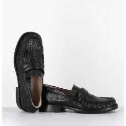 Best MALLONI Mocassins petit talon en cuir imprimé croco - GINNY BLACK NOIR