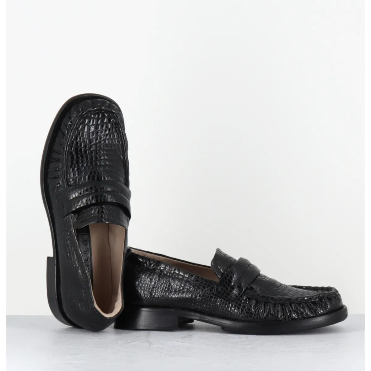Best MALLONI Mocassins petit talon en cuir imprimé croco - GINNY BLACK NOIR