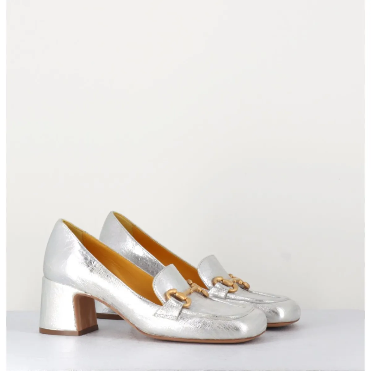 MARA BINI Mocassins petit talon en cuir & mors doré - Q167 VINTAGE SILVER ARGENT