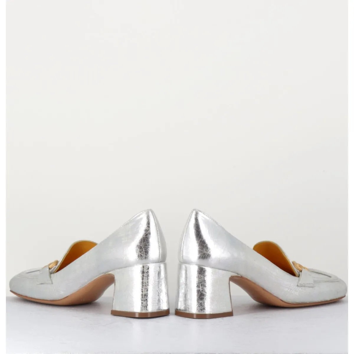 MARA BINI Mocassins petit talon en cuir & mors doré - Q167 VINTAGE SILVER ARGENT