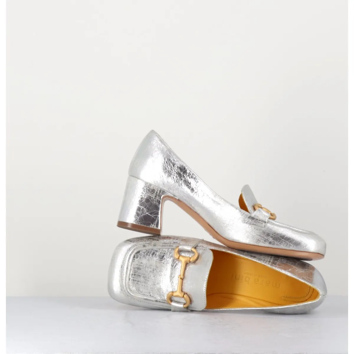MARA BINI Mocassins petit talon en cuir & mors doré - Q167 VINTAGE SILVER ARGENT