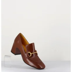 New MARA BINI Mocassins 70s à talon en cuir camel bout carré - H759 SETA CASTORO COGNAC