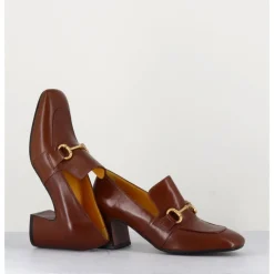New MARA BINI Mocassins 70s à talon en cuir camel bout carré - H759 SETA CASTORO COGNAC