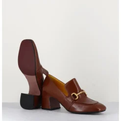 New MARA BINI Mocassins 70s à talon en cuir camel bout carré - H759 SETA CASTORO COGNAC