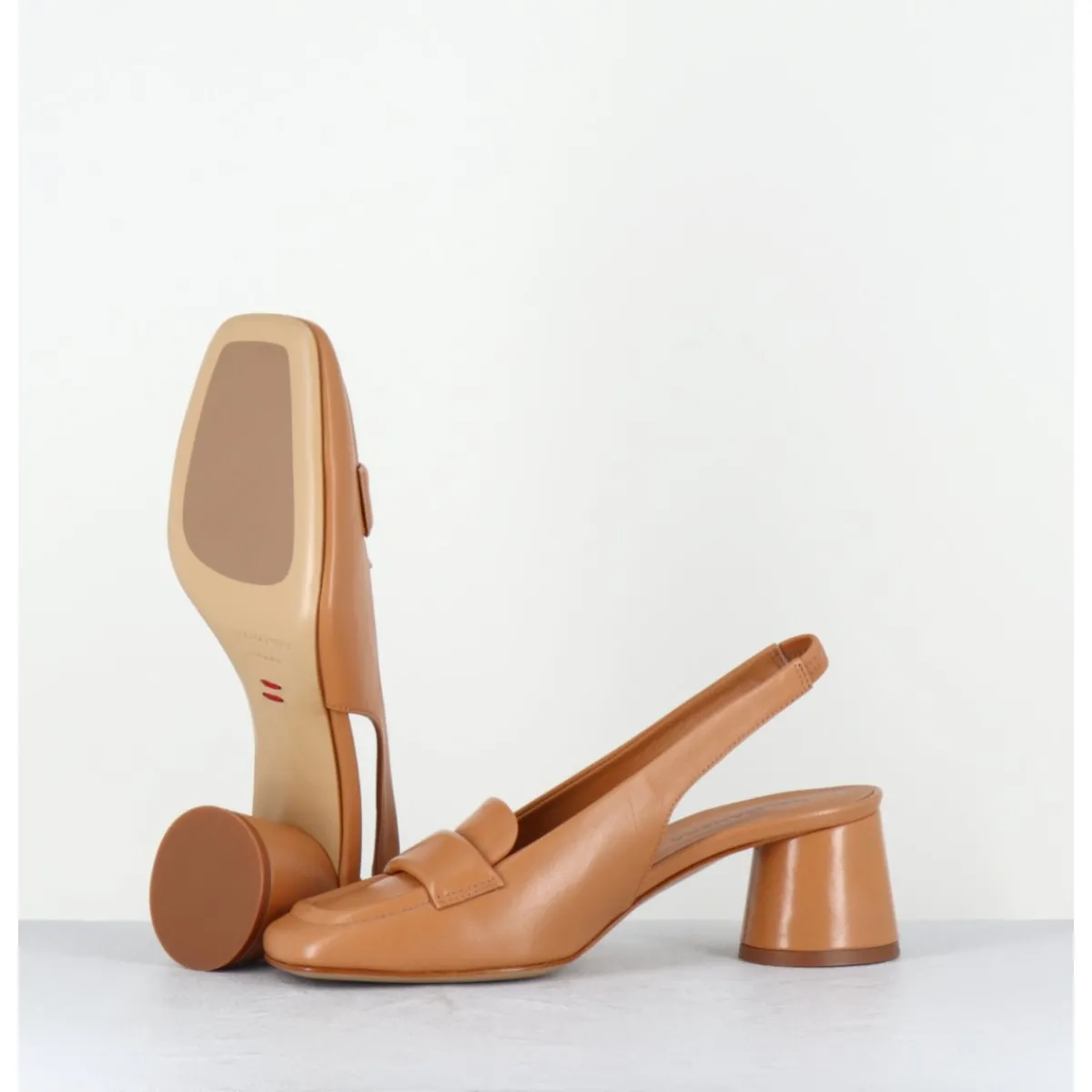 Hot HALMANERA Mocassins slingback en cuir caramel petit talon - CALA25 BARON CARAMEL