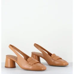 Hot HALMANERA Mocassins slingback en cuir caramel petit talon - CALA25 BARON CARAMEL