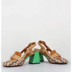 Hot CHIE MIHARA Mocassins slingback motif rétro camel & vert - SUYLI BLUES CUERO