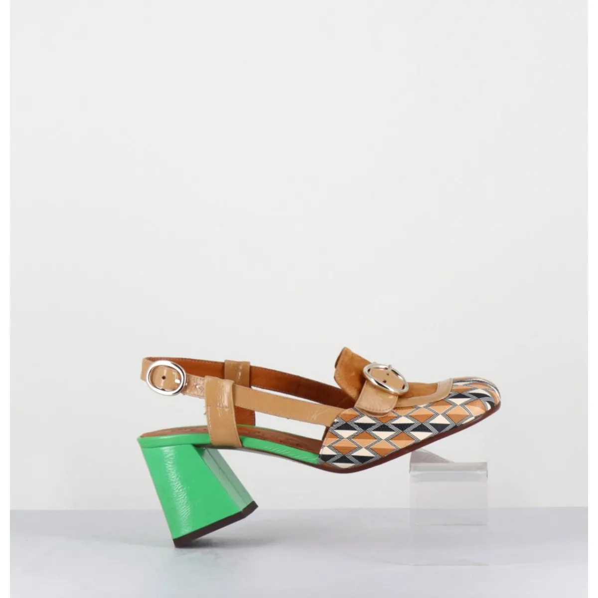 Hot CHIE MIHARA Mocassins slingback motif rétro camel & vert - SUYLI BLUES CUERO