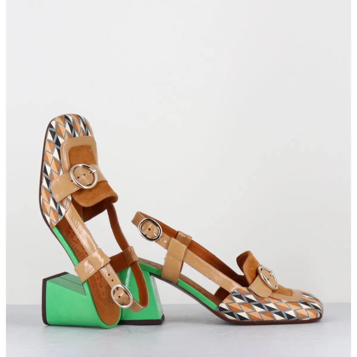 Hot CHIE MIHARA Mocassins slingback motif rétro camel & vert - SUYLI BLUES CUERO