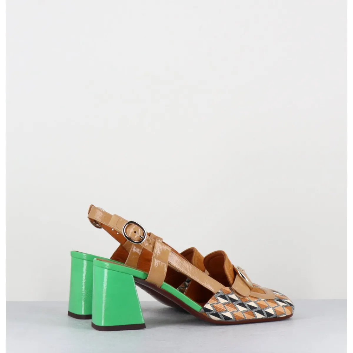 Hot CHIE MIHARA Mocassins slingback motif rétro camel & vert - SUYLI BLUES CUERO