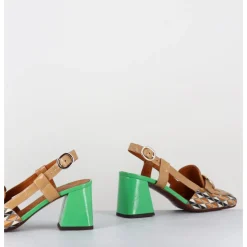 Hot CHIE MIHARA Mocassins slingback motif rétro camel & vert - SUYLI BLUES CUERO