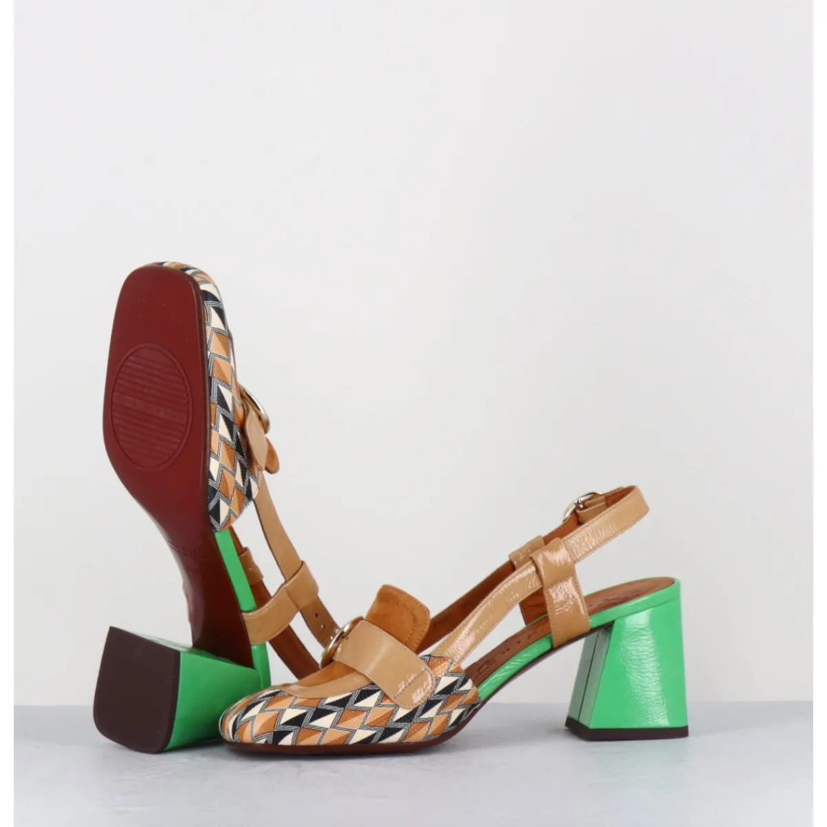 Hot CHIE MIHARA Mocassins slingback motif rétro camel & vert - SUYLI BLUES CUERO