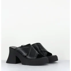 Discount E8 BY MIISTA Mules à plateforme cuir grainé & surpiqûres blanches - RAISSA BLACK MULES NOIR