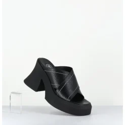 Discount E8 BY MIISTA Mules à plateforme cuir grainé & surpiqûres blanches - RAISSA BLACK MULES NOIR