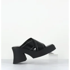 Discount E8 BY MIISTA Mules à plateforme cuir grainé & surpiqûres blanches - RAISSA BLACK MULES NOIR