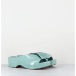 DEL CARLO Mules sabots à plateforme en cuir vernis - 11729 VETRO SALVIA BLEU