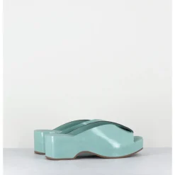 DEL CARLO Mules sabots à plateforme en cuir vernis - 11729 VETRO SALVIA BLEU