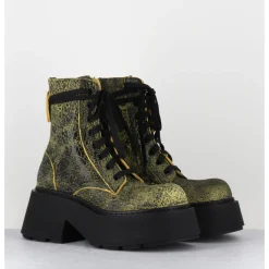Clearance VIC MATIE Rangers à lacets en cuir craquelé et noir - 1F2154D PUNK YELLOW JAUNE