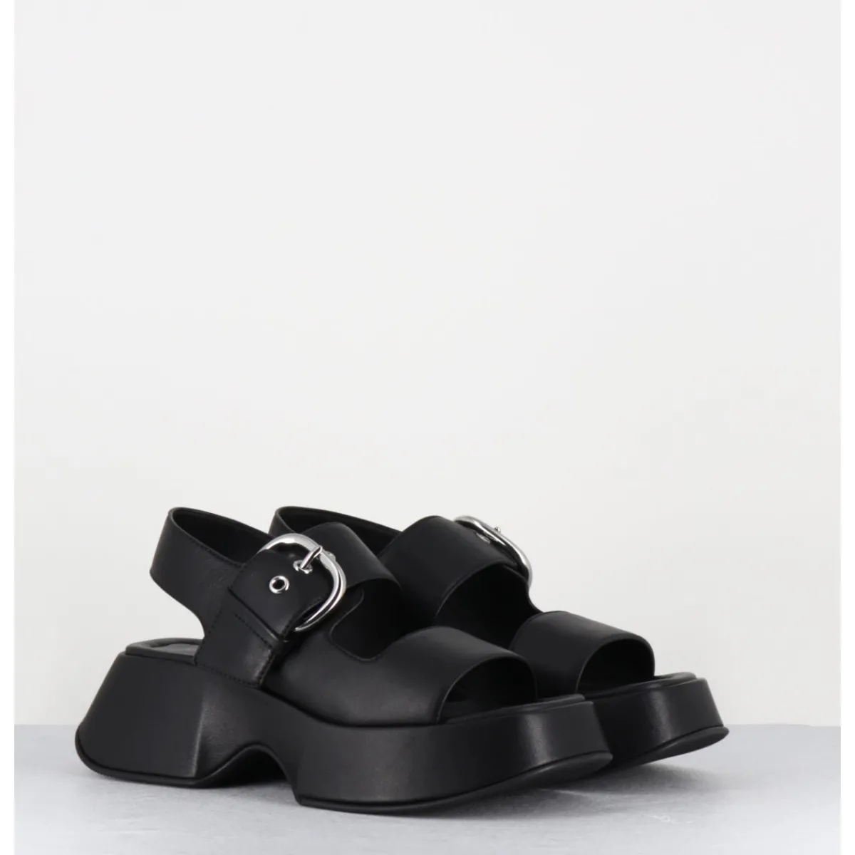 Outlet VIC MATIE Sandales à plateforme en cuir & boucle argent - 1E1500D TRAVEL BLACK NOIR