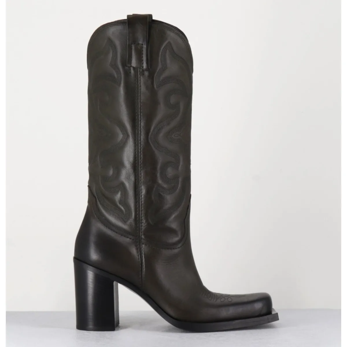 Online ELENA IACHI Texan boots bout carré en cuir khaki & surpiqures - E3660 MILITARE