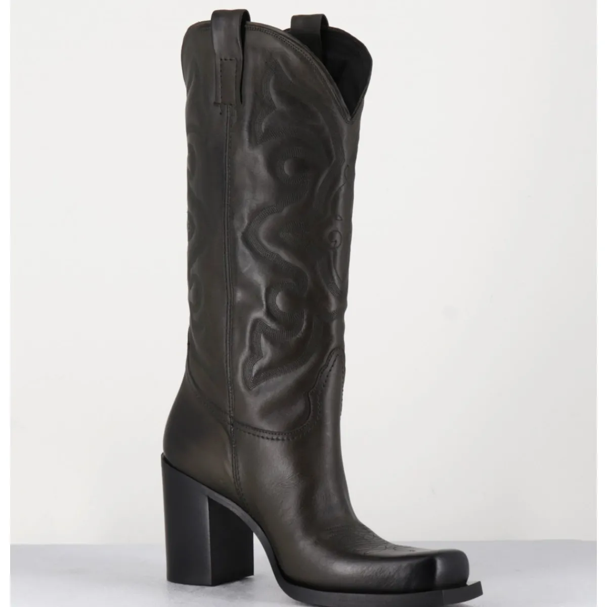 Online ELENA IACHI Texan boots bout carré en cuir khaki & surpiqures - E3660 MILITARE