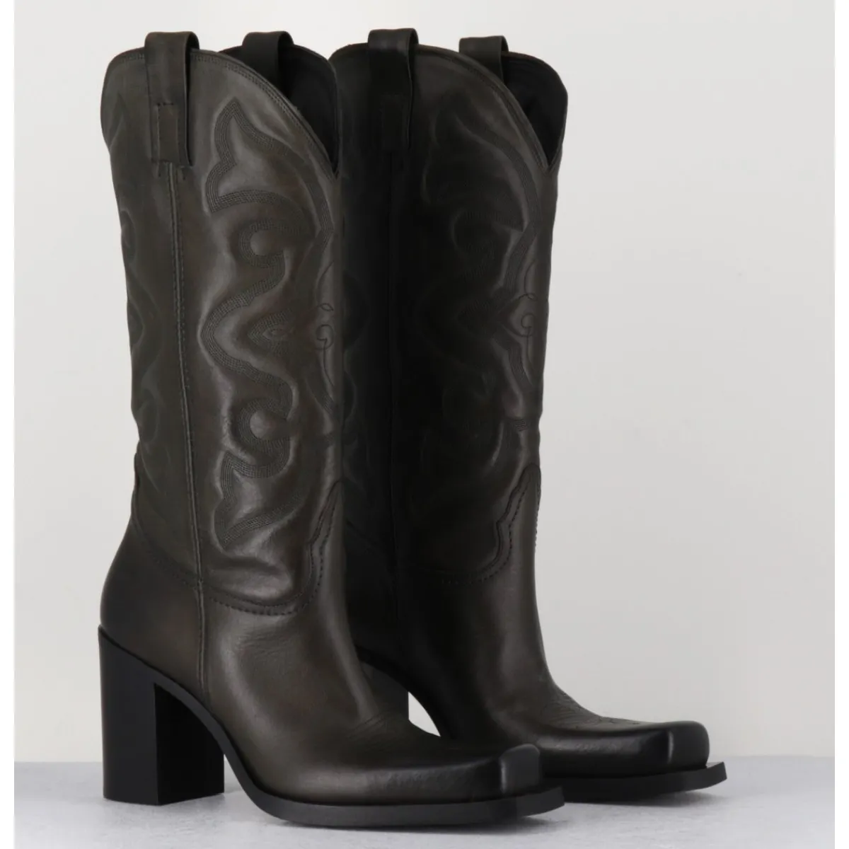 Online ELENA IACHI Texan boots bout carré en cuir khaki & surpiqures - E3660 MILITARE