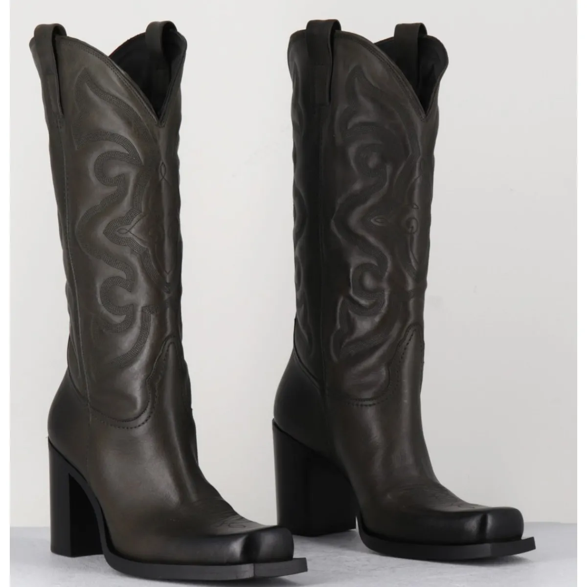 Online ELENA IACHI Texan boots bout carré en cuir khaki & surpiqures - E3660 MILITARE