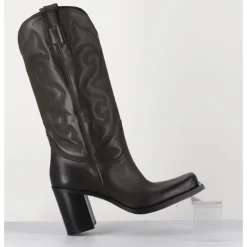 Online ELENA IACHI Texan boots bout carré en cuir khaki & surpiqures - E3660 MILITARE